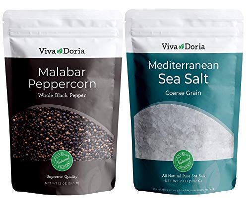 Viva Doria Malabar Peppercorn - Steam Sterilized Whole Black Pepper, 12 Oz Black Peppercorns and Viva Doria Mediterranean Sea Salt, Coarse Grain, 2 lb for grinder refills
