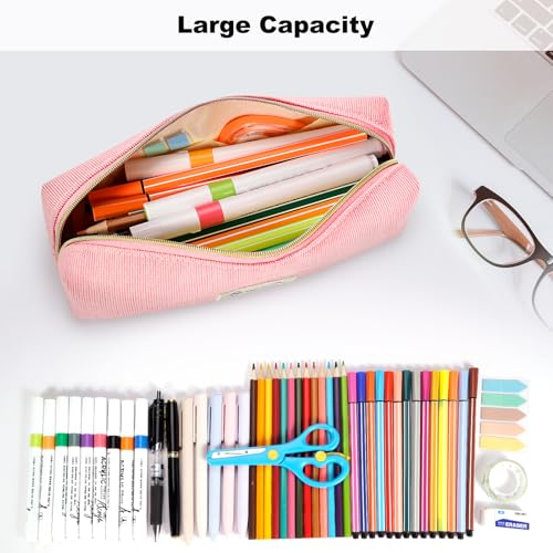 Image of FINPAC Pencil Case, Corduroy Aesthetic Makeup Bag, Cute Kawaii Pen Bag Pouch Holder Box Organize for Study, Office, or Travel (Pink)
