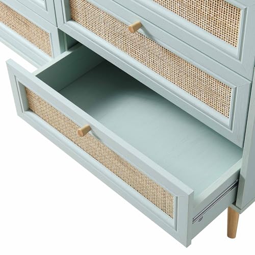 Image of Mid-Century Modern Chest of Drawer with Natural Rattan Panels, Solid Wood Legs, Spacious Storage Chest, Stylish Bedroom Dresser for Living Room, Entryway.