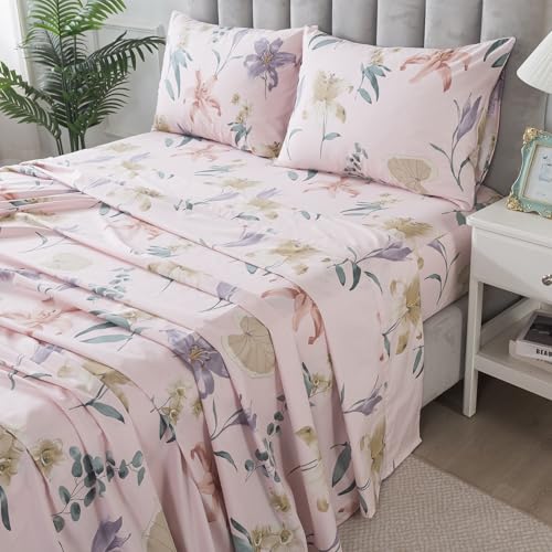 Lemfux Juego de sábanas 100 % algodón con estampado de hojas y flores, juego de sábanas bajeras con patrón botánico desgastado, elegante, sábanas suaves retro, juego de ropa de cama de lujo, rosa,
