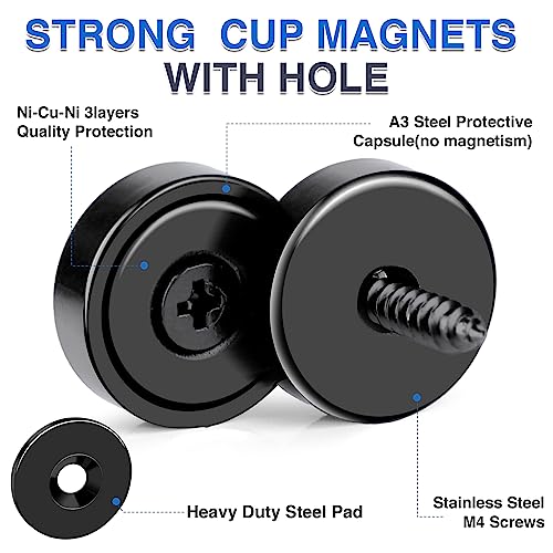 MIKEDE 12Pack Strong Neodymium Cup Magnets, 70Lbs+ Force Heavy Duty Black Round Base Cup Magnets with Countersunk Hole, Powerful Industrial Rare Earth Magnets with Screw for Mounting, 0.98x0.22inch