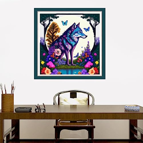 Image of Joyhoor Cross Stitch Kits for Beginners Stamped Cross-Stitch Supplies Needlework preprint Embroidery Kits for Adults DIY Needlepoint Kits Embroidery Patterns 11CT-Wolf Butterfly 17.7x17.7 inch