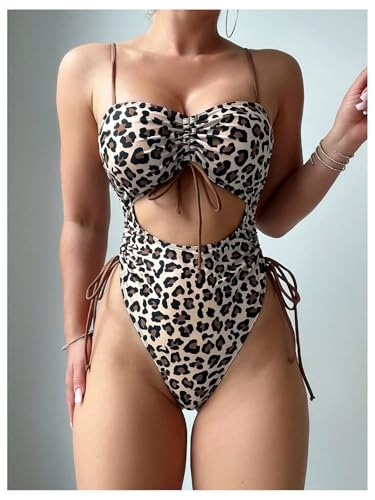 SweatyRocks Women's One Piece Swimsuit Leopard Cut Out Drawstring High Waisted Swimwear Monokinis4