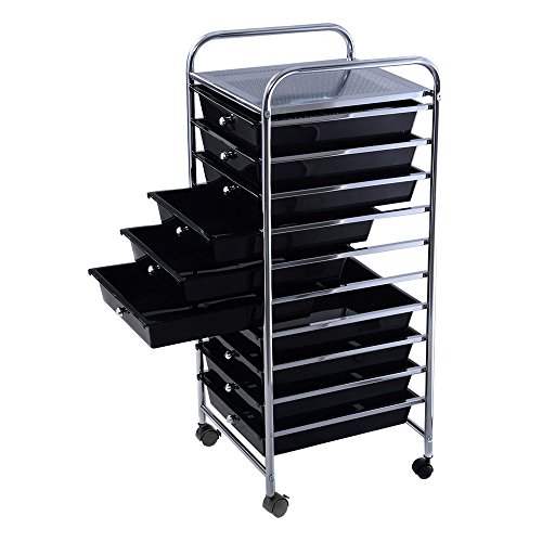 10-Drawer Plastic Rolling Storage Cart Scrapbook Paper Office School Metal Mobile Organizer Black Drawer