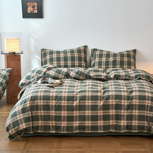 Image of EAVD Vintage Style Green Plaid Duvet Cover Full Soft 100% Washed Cotton Red Green Grid Checkered Bedding Set with 2 Pillowcases Retro Farmhouse Geometric Grid Duvet Cover with Zipper Closure
