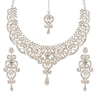New! Touchstone Indian Bollywood Princess Diana Studded Diamond Look Scintillating White Rhinestone Designer Jewelry Necklace Mangtika Set In Silver Tone For Women.