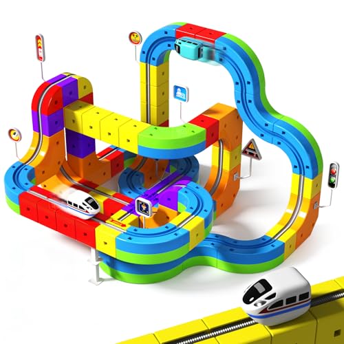Imagen de Goody King Tren Eléctrico Juguete Niños 110 Piezas 3D Vía Magnética con Señales de Tráfico DIY Pistas de Cubos Magnéticos Incluye Trenes