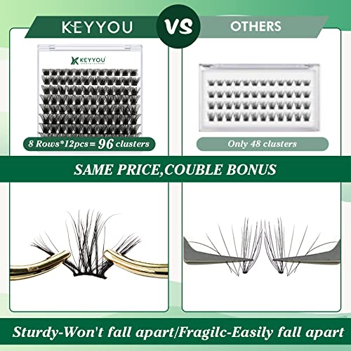 KEYYOU Wimpern Cluster 96pcs Wimpern Extensions D Curl 16mm Cluster Lashes Volume Natürlich Sanft Wimpernverlängerung(Y03-D-16)