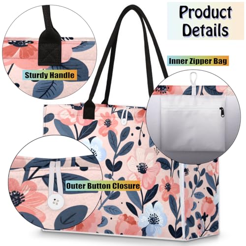Pink Flowers Blue Leaves Tote Bag for Women Large Beach Bag Reusable Tote Bags for Work Travel Beach Shopping4