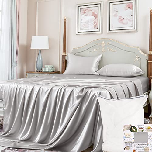 Promeed Mulberry Silk Bed Sheets King Set 23 Momme, 100% Grade 6A+ Silk Sheets 4Pcs Set With Flat Sheet, Fitted Sheet And Pillowcases For Sensitive Skin (Light Grey, King) #TOP9