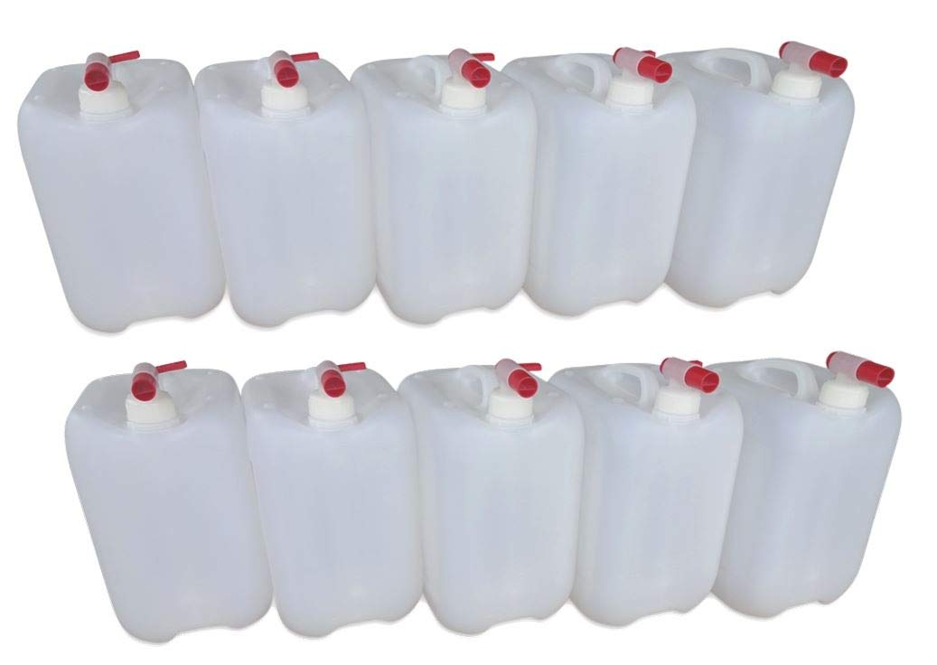 Generisch kanister-vertrieb® 10er Set 10 Liter Wasserkanister Trinkwasserkanister Natur inkl. 10 passende Hähne DIN45