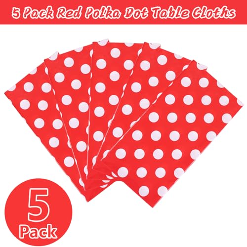 Image of Kesfey 5 Packs Red Polka Dot Plastic Tablecloth 54 x 108 Inch Mickey Mouse Table Cloths Waterproof Disposable Red Picnic Table Covers Rectangle Red and White Dot Carnival Tablecloth for Birthday Party