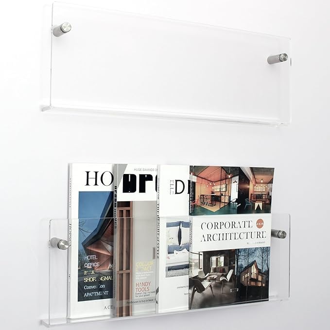 Pack-1 Acrylic Floating Magazine Holder for Wall - Clear Invisible Bookshelf for Kids Nursery, Modern Wall Mounted Display Rack, Photos & Magazines -Stainless Steel Standoff Hardware (17"inch)-image-12