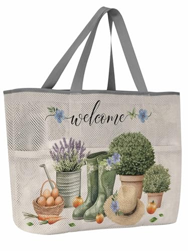 Beach Bags Women Mesh Tote Bag Vintage Farmhouse Egg Carrot Hat Boot Toy Grocery Pool Bag with Pockets for Travel/Picnic