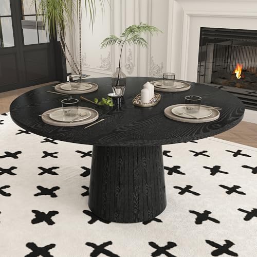 Image of Modern Round Dining Table, 47 inch Black Round Kitchen Table with Wood Grain Tabletop & Fluted Strip Base, Space Saving Circle Dining Table Seats 4-6, Ideal for Dining Room, Living Room, Small Space