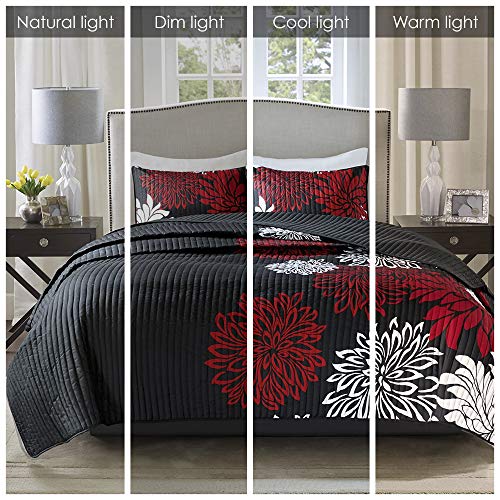 Comfort Spaces Enya Quilt Set - Casual Floral Print Channel Stitching Design, All Season, Lightweight Coverlet, Cozy Bedding, Matching Shams, Decorative Pillows, King(104"X90"), Red/Black 3 Piece #TOP1
