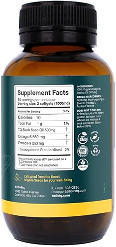 Miniatura 9 de Holistiq Aceite de semilla negra orgánico prensado en frío cápsulas  5% timoquinona  Sin OMG y vegano  Aceite de semilla de comino negro Nigella