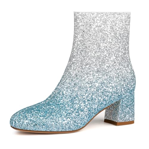 MISSMILLER Women's Glitter Ankle Boots Sequin Sparkly Booties Block Heel Side Zip Zipper Wedding Party Dress Shoes