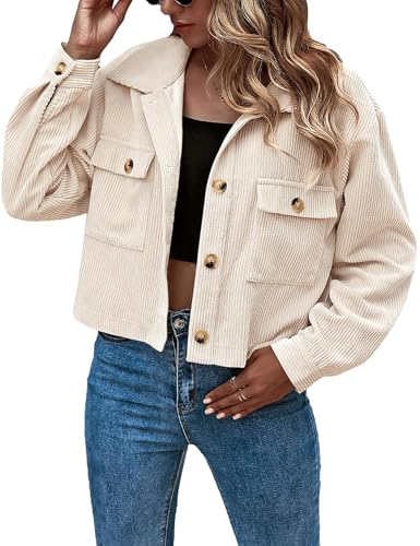 Flygo Womens Fashion Cropped Jacket Corduroy Button Down Shirt Shacket Jackets Lightweight Spring Jackets 2025 Trendy