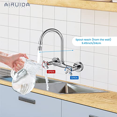 Airuida Chrome Polish Wall Mount Kitchen Sink Faucet 8 Inch Center Wall Mounted Kitchen Faucet Double Cross Handles 360 Degree Swivel Spout Kitchen Mixer Commercial Utility Laundry Restaurant Tap #TOP2