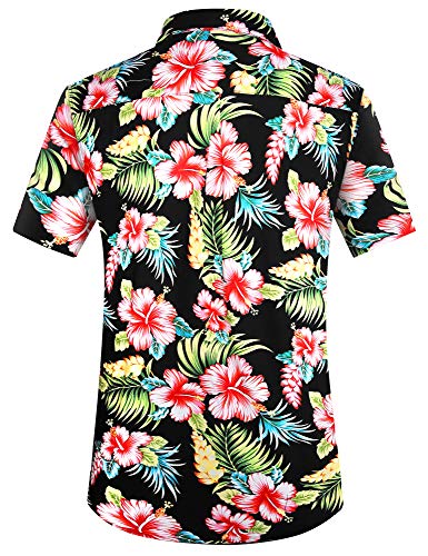 Pegeno Men's Cotton Printed Button Down Short Sleeve Hawaiian Shirt Red Hibiscus-Xl #TOP2