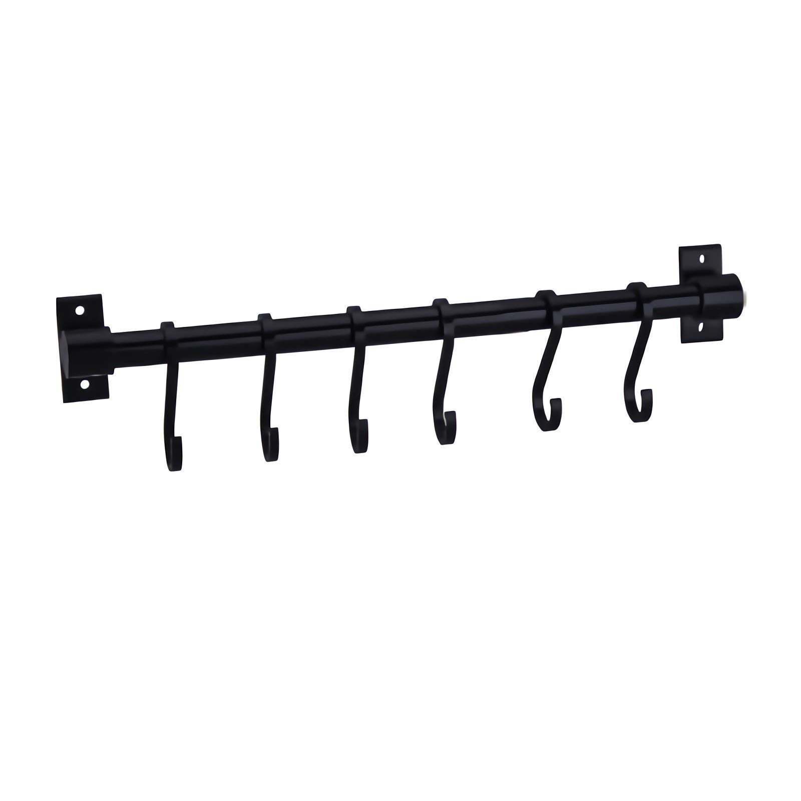 U/D Gourmet Kitchen Utensil Rack with 6 Hooks, Wall Mounted Rail Wrought Iron Hanging Utensil Holder Rack with Removable S Hooks 16 Inch (Black-6 Hooks)