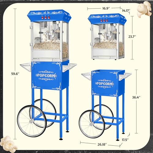 Image of Foundation Popcorn Maker Machine with Cart - 8oz Stainless Steel Kettle Makes up to 48 Cups - Movie Theater Style Vintage Popcorn Machine Cart on Wheels by Great Northern Popcorn (Blue)