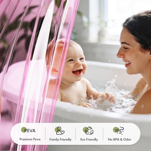 Image of Bathway Shower Curtain Liner Pink Clear Shower Curtain Liner 72x72 PEVA Waterproof Shower Curtain Liner Plastic with 3 Magnets and 12 Rustproof Metal Grommets, Lightweight Shower Liner for Bathroom