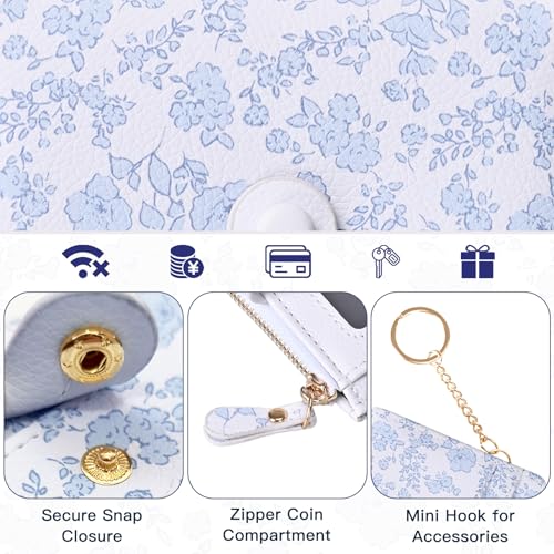 Image of COSHAYSOO RFID Wallet for Women Ladies Slim Compact-Mini Bifold Purse with Card Slots ID Window-Zipper Coin Pocket Bill Holder Keychain Hook Lightweight Waterproof PU Leather-White Orchid