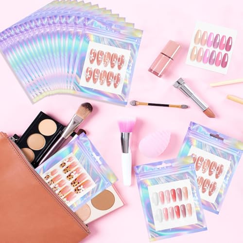 Image of 50 PCS Nails Packaging Bags with Nail Stand for Fake Nail, Holographic Press On Nail Storage Container Nail Art Kit for Diy Design,Nail Cardboards with 2 Double-sided Adhesive Tape Salon Home