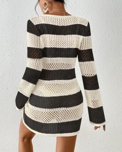 Image of Bsubseach Women Swimsuit Crochet Coverup Long Sleeve V Neck Beach Dress