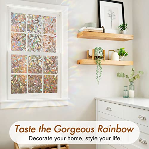 Haton Window Privacy Film, Rainbow Stained Glass Window Film, Decorative Window Cling, Sun Blocking Window Stickers, Static Cling Window Covering, Non-Adhesive, Brown 35.4 x157.4 inches