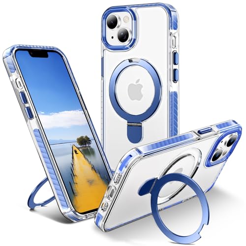 U UMIONE for iPhone 13/14 Magnetic Clear Case with Ring Stand, Blue