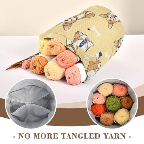 Image of Tatenale Crochet Bag Yarn Bag Knitting Project Bag with Pockets and Handle Portable Yarn Storage Organizer Tangle Free 8.3x11 InchYellow Cute Corgi and Bones42