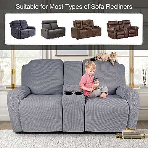 Taococo Recliner Loveseat Cover With Middle Console Sofa Slipcover, Stretch Reclining Sofa Covers For 2 Seat Reclining Couch, Jacquard Pattern Soft Loveseat Slipcover Furniture Protector, Light Grey #TOP3