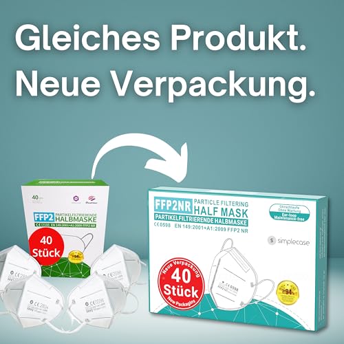 SIMPLECASE 40 X, FFP2 Masken, CE Zertifiziert von offiziell benannter Stelle CE2834/0598, Atemschutzmaske, Partikelfiltermaske, 1 Packung (40 Stück), Weiß