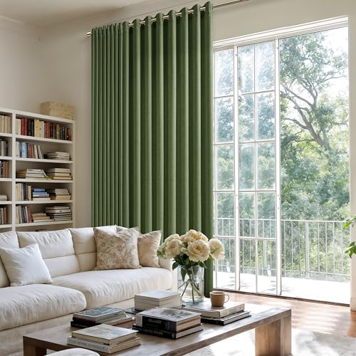 Image of Extra Wide 100 Inch Olive Green Linen Curtains 90 Inch Length | Room Divider, Patio Sliding Door Curtains, for Living Room, Large Window Curtains, Grommet, Privacy, 1 Panel, 90 Inches Long