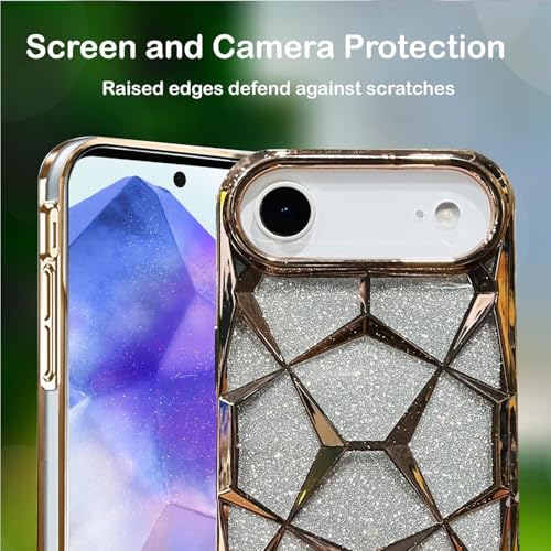 Image of VONZEE Gradient Glitter Back Cover Case Compatible with iPhone 17 Air, Luxury Electroplated 3D Cube, Diamond Bling Shiny Soft TPU Clear Shockproof Women Girls Protective Phone Cover (Gold)