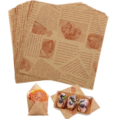 KIKISML 100 PCS Newspaper Print Deli Paper Sheets 7 * 7 Inch, Food-grade Greaseproof Paper Food Basket Liners for Sandwiches, Burgers, Fries Wrapping for Party, Festival and Outdoors - Brown