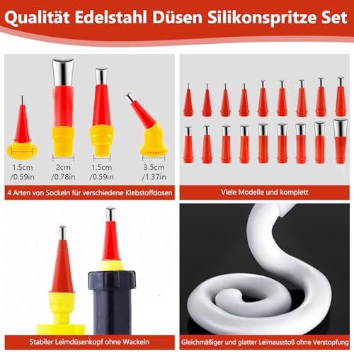 Hengxinchen 42 Stück Glättaufsatz Silikon, Gummidüse Werkzeug Kit mit 10 Stück silikonspritze, Edelstahldüsen Dichtungsdüse, Verschiedene Größen Kartuschenspitzen für In Küchen, Fenstern