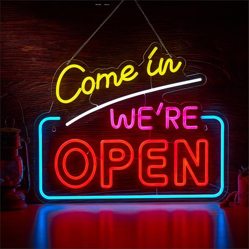 Image of Large Open Neon Sign for Business, 22.8x18.9 In Come In We're Open 12V High Brightness Light Up Dimmable Signs Compatible with Timer for Cafe Business Shop Bar Hotel,Restaurant Retail store Party Pub Decoration and Shop Decoration Gift