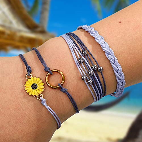 Image of Caiyao 4 Pcs Summer Surfer Wave Anklet Bracelets Adjustable Strand Braided String Rope Bracelets Waterproof Handmade Sunflower Bracelets Anklets Jewelry for Women