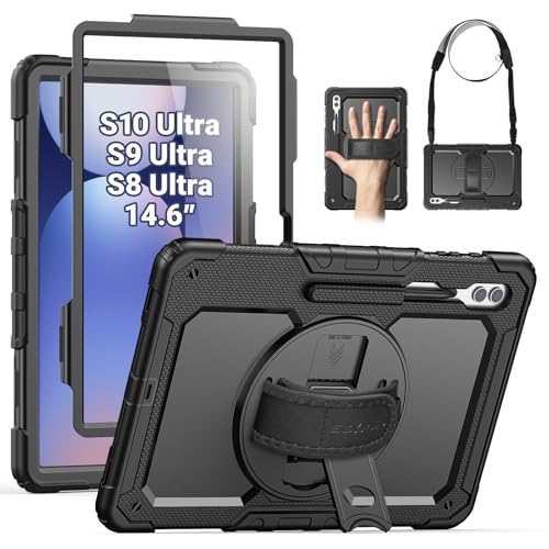 SEYMAC for Samsung Galaxy Tab S10 Ultra 2024/ S9 Ultra/ S8 Ultra Case 14.6 Inch Heavy Duty Shockproof Protective Case with Screen Protector Stand Hand/Shoulder Strap and Pen Holder Black