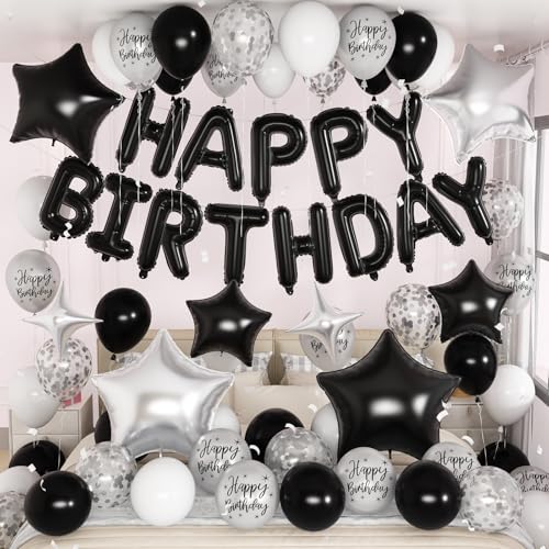 Décoration anniversaire noir et argent chic avec ballons confettis