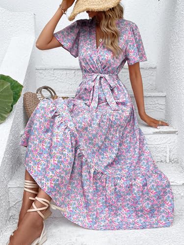 Image of MASCOMODA Women Boho Swiss Dot Maxi Dresses Wrap V Neck Flutter Short Sleeve Solid Tie Waist A Line Tiered Flowy Long Dresses