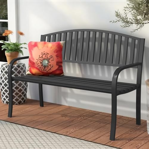 Optmspic 50\" Outdoor Garden Bench, Iron Metal Frame Patio Bench with Backrest Armrests, Weatherproof Anti-Rust Outdoor Bench for Front Porch, Park, Yard, Patio (402-32BK) - Thumbnail 5
