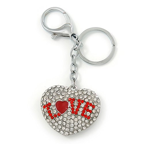 Llavero de corazón Love chapado en rodio con cristal claro para bolso de mujer moderno