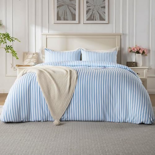 ROSE&RISY Duvet Cover Set Queen Size Blue Striped Comforter Cover with Button Closure Breathable and Cooling Includes 1 Duvet Cover 2 Pillowcase No Comforter (Blue Stripe Queen)