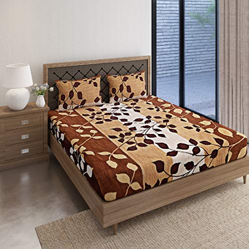 Image of Swayam Pure Cotton Double Bedsheet with 2 Pillow Covers | Size 90 x 100 inch | 160 TC | Leaf Design | Soft Breathable Bed Sheet | Comfortable & Durable for Bedroom - Brown & Beige