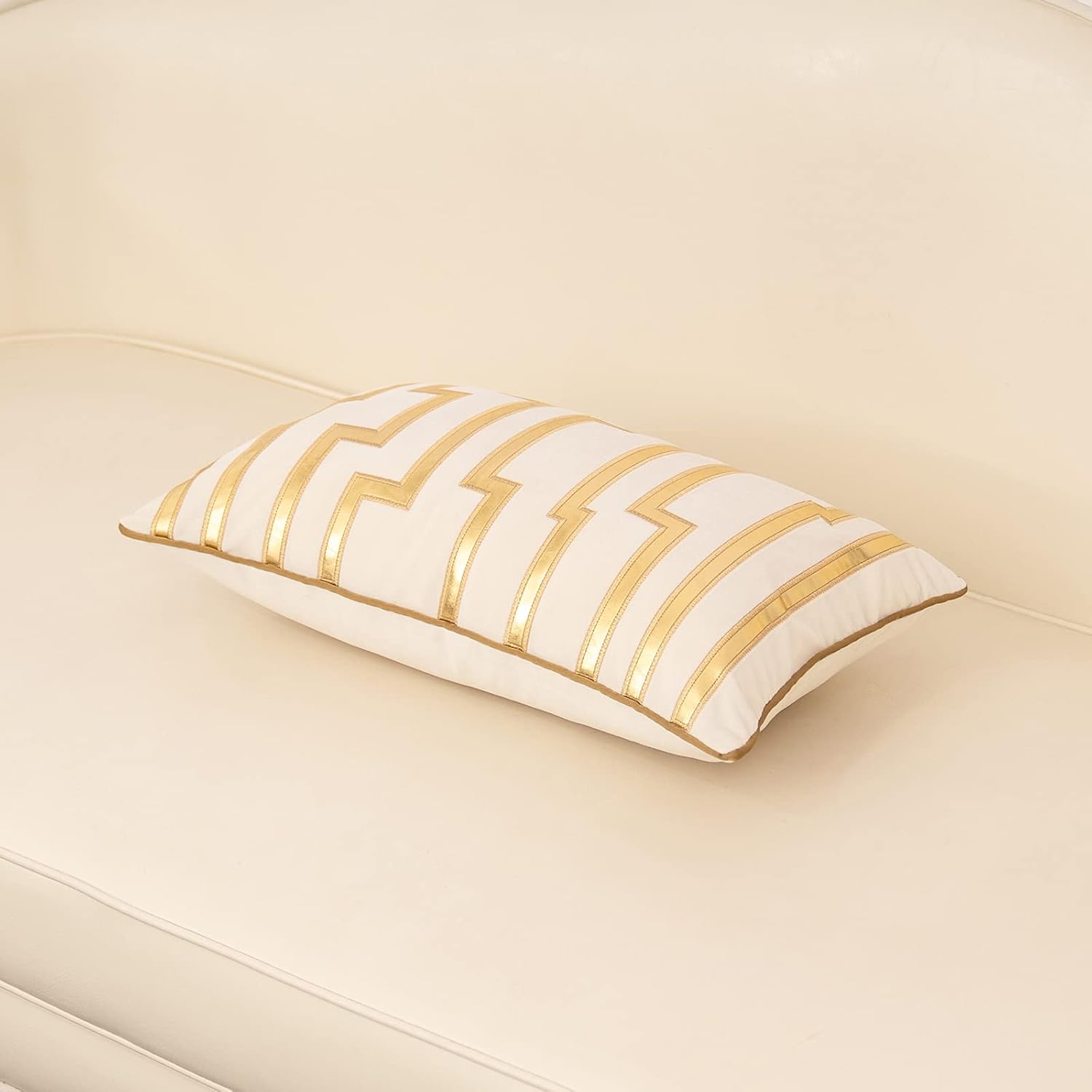 Alerfa Geometric Gold Leather Striped Throw Pillow Cover 12x20 Inch, Luxury Velvet Embroidered Decorative Lumbar Pillow Cover for Couch Living Room Bedroom, White - Image 4